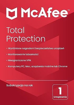 McAfee Total Protection 2024 | 1 urządzenie | Oprogramowanie antywirusowe zapewniające bezpieczeństwo w sieci | PC/Mac/Android/iOS | Roczna subskrypcja | Dostawa pocztą | Standard