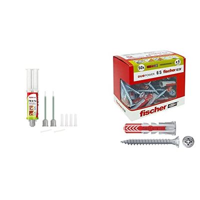 Fischer FILL & FIX Ripara fori Tasselli e Fissaggi su Muro e Legno, Siringa Colla di Montaggio, Include 4 Tasselli a Rete, 51098 & 50 Tasselli Duopower con Vite, 6 x 30 mm