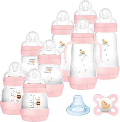 MAM Easy Start nappflaskset, anti-kolik, 8 flaskor i storlekarna 130 ml, 160 ml och 260 ml, 1 start Nano, 4 tätningsskivor, 1 extra mjuk pip och handtag, färg rosa, 730 g