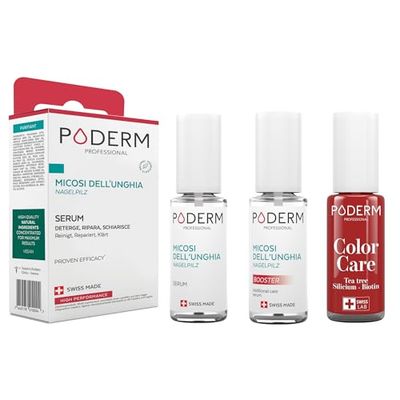PODERM - 3 PRODOTTI - MICOSI DELLE UNGHIE TRATTAMENTO 3 in 1 | Smalto colorato Rosso vivo TEA TREE | BIO | Trattamento professionale mani/piedi | Facile e rapido | Swiss Made