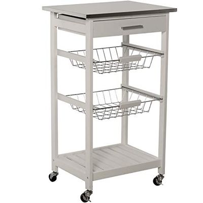 DRW Carro de Cocina con 1 cajón y 2 cestas + balda de Madera: Pino y DM con Tapa de Acero Inoxidable en Color Blanco 47x37x81,5cm