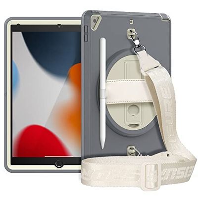 HUEZOE Beschermhoes voor iPad 9/8/7 (10,2 inch, model 2021/2020/2019), volledige bescherming met draaibare standaard, 360 graden draaibaar, polsband met penhouder, grijs
