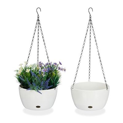 Relaxdays Blomampel med vattenbehållare, set om 2, H x D 60 x 24 cm, utomhus och inomhus, hängande blomkruka, plast, vit