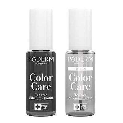 PODERM - LOT 2 PRODUITS | SOIN VERNIS PROFESSIONNEL | Vernis BLACK Tea Tree + Top Coat Brillant Longue Tenue | Prévention & Traitement des Ongles Jaunes/Abîmés | SOIGNE & COLORE | Swiss Made