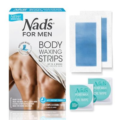 Nad's For Men Ready to Use Body Wax Strips, Wax Strips Men, Mens Hair Removal, Includes 20 Waxing Strips & 2 Post Wax Calming Oil Wipes, 20 Count (Pack of 1)