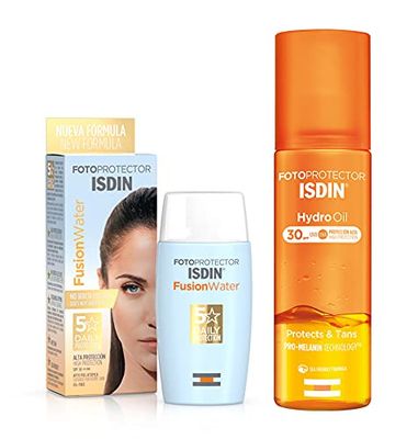 ISDIN PACK Protector Solar Facial Fusion Water SPF 50, Protector Solar Corporal Hydro Oil SPF 30, Protege y Broncea hasta un +43%