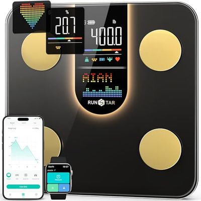 RunSTAR Báscula de Baño Inteligente con Pantalla VA 8 en 1, Báscula Digital de Baño de Alta Precisión para Peso Corporal, Frecuencia Cardíaca, IMC, Grasa Corporal 22 Métricas, APP de Sincronización