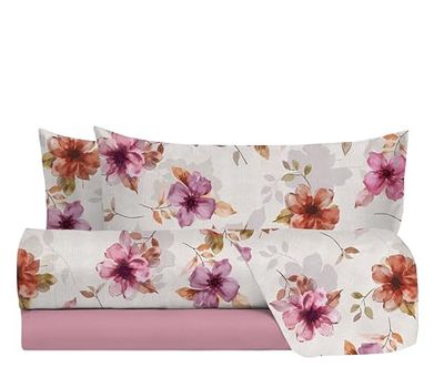 hermet Parure de lit Double en 100% Coton Fantaisie, Parure de lit 2 Places, Drap Housse + Drap Housse + 2 taies d'oreiller, Var. Kama Malva