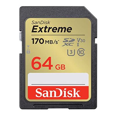 SanDisk Extreme SDXC card SD Card 64GB + RescuePro Deluxe V30 up to 170 MB/s, UHS-I, Class 10, U3,