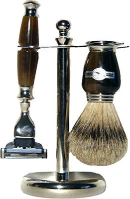 Golddachs - Set da barba in galalite comprensivo di rasoio e pennello da barba con manici imitazione corno/struttura in ottone, 100% setole di puro tasso, punte colore: Argento