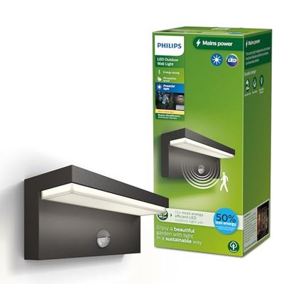 Philips Bustan Applique d'extérieur UltraEfficient, 3,8 W, lumière blanc chaud 2700 K, antracite, détecteur de mouvement, IP44 résistante aux intempéries