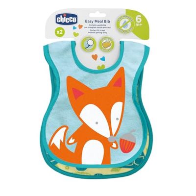 Chicco Set de 2 Baberos para Comida de Niños, Baberos de Recién Nacido Impermeables en Suave Algodón, Parte Trasera Impermeable, Lavables en Lavadora, Buen Ajuste