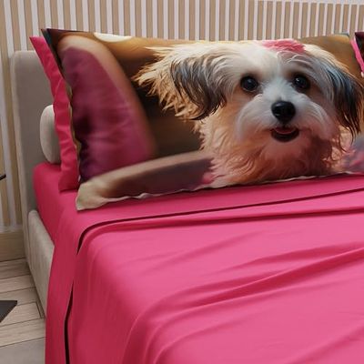 PETTI Artigiani Italiani - Djurlakan med hundar i bomull med örngott i digitalt tryck, sängkläder för enkelsäng, set med enkelsäng Fuchsia, 100% tillverkad i Italien