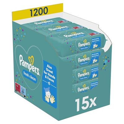 Pampers Fresh Clean Chusteczki Dla Niemowląt 1200 Sztuk (15 x 80), Neutralny Zapach, Świetnie Nadają się Również do Rąk i Twarzy