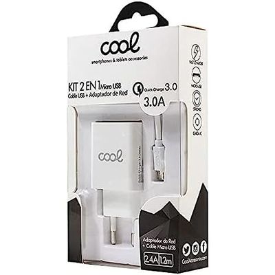 COOL Kit 2 in 1 Caricatore Rete Connettore Micro-Usb Universale 3 Amp (Ricarica Rapida) Bianco