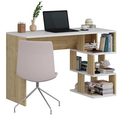 Moderno Escritorio de Estudio con numerosas Cubiertas, Roble Blanco y Zafiro, 110 x 73,8 x 50 cm, Tablero de partículas Recubierto de melamina 100%, 18 mm de Grosor, diseño Elegante y Funcional