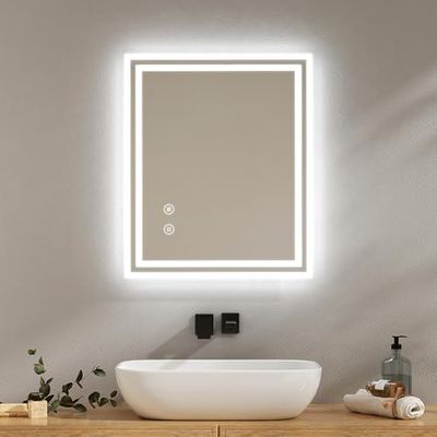 EMKE Badkamerspiegel met ledlicht, 60 x 50 cm, anti-condenscoating, touch-schakelaar, koudwit, dimbaar, geheugenfunctie, automatische uitschakeling na 3 uur, led-badkamerspiegel