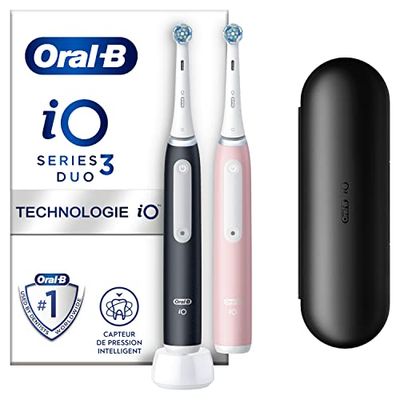 Oral-B iO 3 Lot De 2 Brosses A Dents Electriques Pour Adultes, Noire et Rose, 3 Modes De Nettoyage Avec Blancheur, Doux Pour Les Gencives, 2 Brossettes Oral B De Rechange, Chargeur, Etui De Voyage