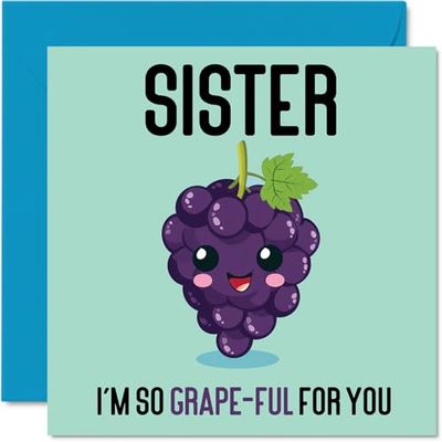 Tarjetas de agradecimiento para hermana – Grape-Ful – Divertida tarjeta de feliz cumpleaños para hermana de hermano, regalos de cumpleaños para hermanos, tarjetas de felicitación de broma de 145 mm x