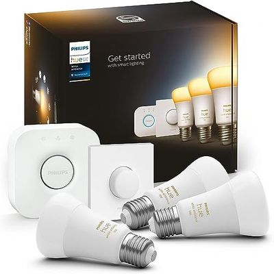 Philips Hue White Ambiance Starter Kit con 3 Lampadine, con Bluetooth, Dimmerabili, Attacco E27 + 1 Bridge Hue Controllo Completo del Sistema + 1 Telecomando Hue Smart Button, Bianco