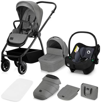 LIONELO Meril 3in1 Kinderwagen - Buggy, 0-48 mnd (tot 22kg) – ADAC Autostoel, XXL jaarronde Reiswieg met Draagfunctie, 360° All‑terrain Wielen vering, Universele Adapters, Reflectoren (Grijs)