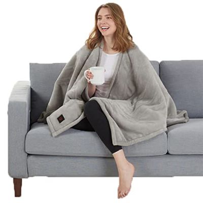 Brookstone Home Decor - Soft Plush Sherpa Lined Wearable Electric Heated Poncho - 1 Button 4-Heat Settings - Auto Shut Off Machine Washable - Warm Fashionable Living Room & Bedroom Blanket (Grey)