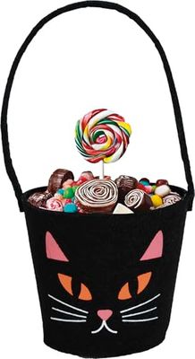 FIESTAS GUIRCA | Black Felt Cat Bucket (13x10 cm) - Trick or Treat Accessory and Halloween Decoration - Ideal for Fancy Dress Parties and Celebrations - Cat, Bat - Black