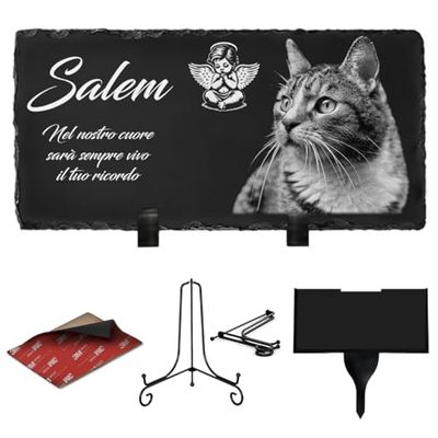 ETERNEL - Targa funeraria personalizzata Angelo per Animali - da piantare, incollare o posare, Cane, Gatto, Animali domestici, Multisupporti, Ardesia o Granito, foto e testo a scelta, omaggio