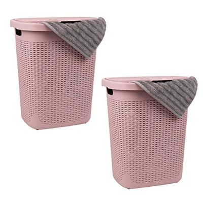 Mind Reader Basket Collection Lot de 2 paniers à linge fins, capacité de 50 litres, poignées découpées, couvercle à charnière attaché, ventilé, rose
