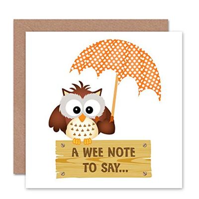 Wee Blue Coo OWL UMBRELLA SPRING BIRD PERCH CUTE SIGN WEE NOTE BLANK BIRTHDAY CARD
