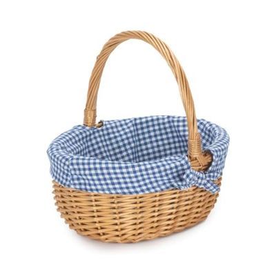 Full Buff Willow Childs Oval Wicker Shopping Basket Blue Checked Lining