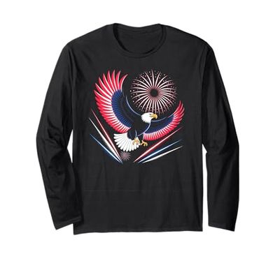 Bandera Americana Colores Águila y Fuegos Artificiales 4 de Julio Manga Larga