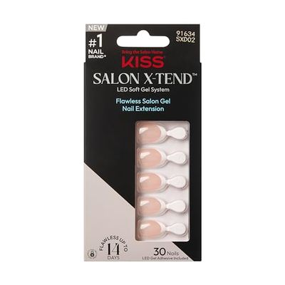KISS Salon X-tend Glue On Decorated Nails, Nonsense, Light White, Short Size, Almond Shape, 34 Ct.