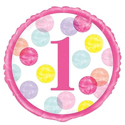 Unique Party 73297 18" Folie Roze Dots 1e Verjaardag Ballon