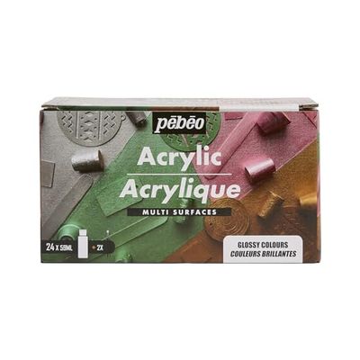Pébéo - Multisuperfici acriliche - Set 24 flaconi 59ml colori brillanti assortiti + accessori - Kit di pittura acrilica per artisti e principianti - 2 pennelli - Colori luminosi e opachi
