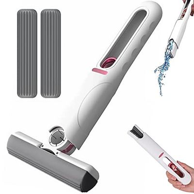 Mini mocio corto portatile auto-spremente, senza lavaggio a mano, forte assorbente, per uso bagnato e asciutto, sistema di pulizia del pavimento per bagno, cucina, stoviglie, scrivania in vetro (2