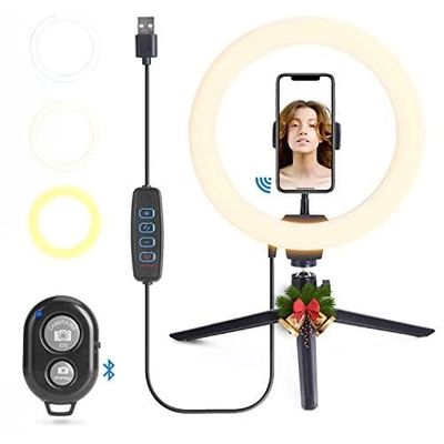 Glowster Anneau lumineux 10" (25,4 cm) 12 W pour mobile, lumière réglable 3 effets, avec trépied, télécommande, microphone (12W3 effets)