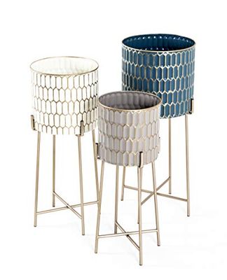 HAKU Möbel Juego de 3 pilares de flores crema, oro, petróleo, topo, metal, metal - Dim.: AL 59/64/70 cm x diámetro 22/26/29 cm, Estilo: Art Déco