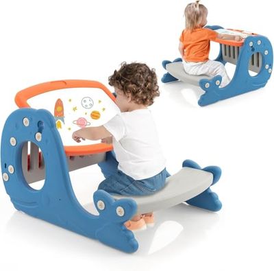 FANTASK Chevalet pour enfants avec plateau de table, tableau blanc et banc, 4 en 1, bleu, double face, en forme de baleine, table de coloriage pour enfants à partir de 1 an