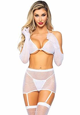 Leg Avenue Women's 5 Pc Rhinestone Fishnet Garter Skirt Set with Bikini Top, G-String, Gloves, and Matching Stockings Bra, White, One Size