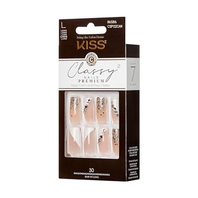 KISS Classy Nails Premium Gorgeous Long Length Coffin Premium False Nails Kit Includes Nail Glue, Mini File, Manicure Sticks and 30 False Nails