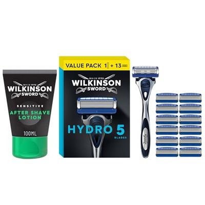 Bundle of Wilkinson Sword Hydro 5 Skin Protection Razor, 1 Handle + 13 Refills, Men's + Wilkinson Sword Sensitive Men's Aftershave Lotion Sensitive Skin, 100ml