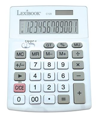Lexibook, Calculadora de sobremesa de 12 dígitos con Pantalla LCD, 8 Funciones, Teclas Grandes, energía Solar y Pilas, Blanco/Gris, C129