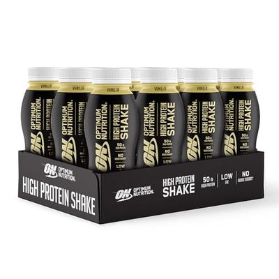 Optimum Nutrition High Protein Shake Bottles, Ready to Drink Healthy Snacks, No Added sugars, Low Fat, Vanilla Flavour, 12x500ml, Packaging May Vary