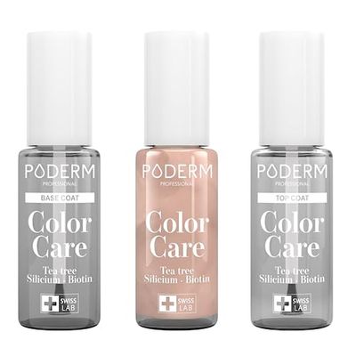 PODERM - LOT 3 PRODUITS | SOIN VERNIS PROFESSIONNEL COMPLET | Base Coat + Top Coat + Vernis Or Brillant TEA TREE | Prévention & Traitement des Ongles Jaunes/Abîmés | SOIGNE & COLORE | Swiss Made