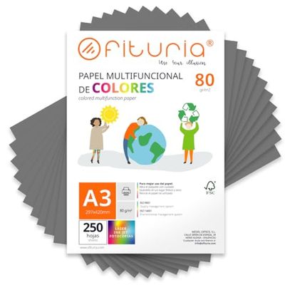 Feuilles de couleur, Pack 250 Feuilles A3 80gr – Papier couleur pour loisirs créatifs, imprimante, scrapbooking – Feuilles colorées – Idéal pour origami, pliage, bureau et école (Gris, 250h)