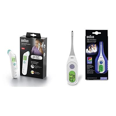 Braun TempleSwipe Forehead Thermometer BST200 & Braun Digital StickThermometer with Age Precision, PRT2000