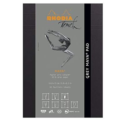 RHODIA TOUCH 116106C - Bloc Grey Maya Pad - A5 - Uni - 50 Feuillets - Papier Clairefontaine Maya Gris 120 g/m² - pour la Calligraphie et le Dessin Précis au Crayon, Liner, Plume