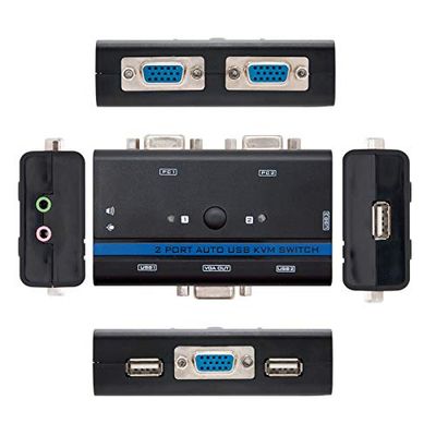Nanocable 10.12.0001 - Switch interruptor KVM para controlar 2 PCs com um só teclado, rato, monitor e alto-falantes, VGA USB 1U-2PC com cabo, preto
