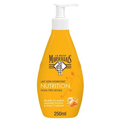 Le Petit Marseillais | Lait Soin Hydratant Nutrition Peaux Très Sèches (flacon-pompe de 250 ml) – Lait corps au beurre de karité, amande douce et huile d'argan – 24 h de confort cutané